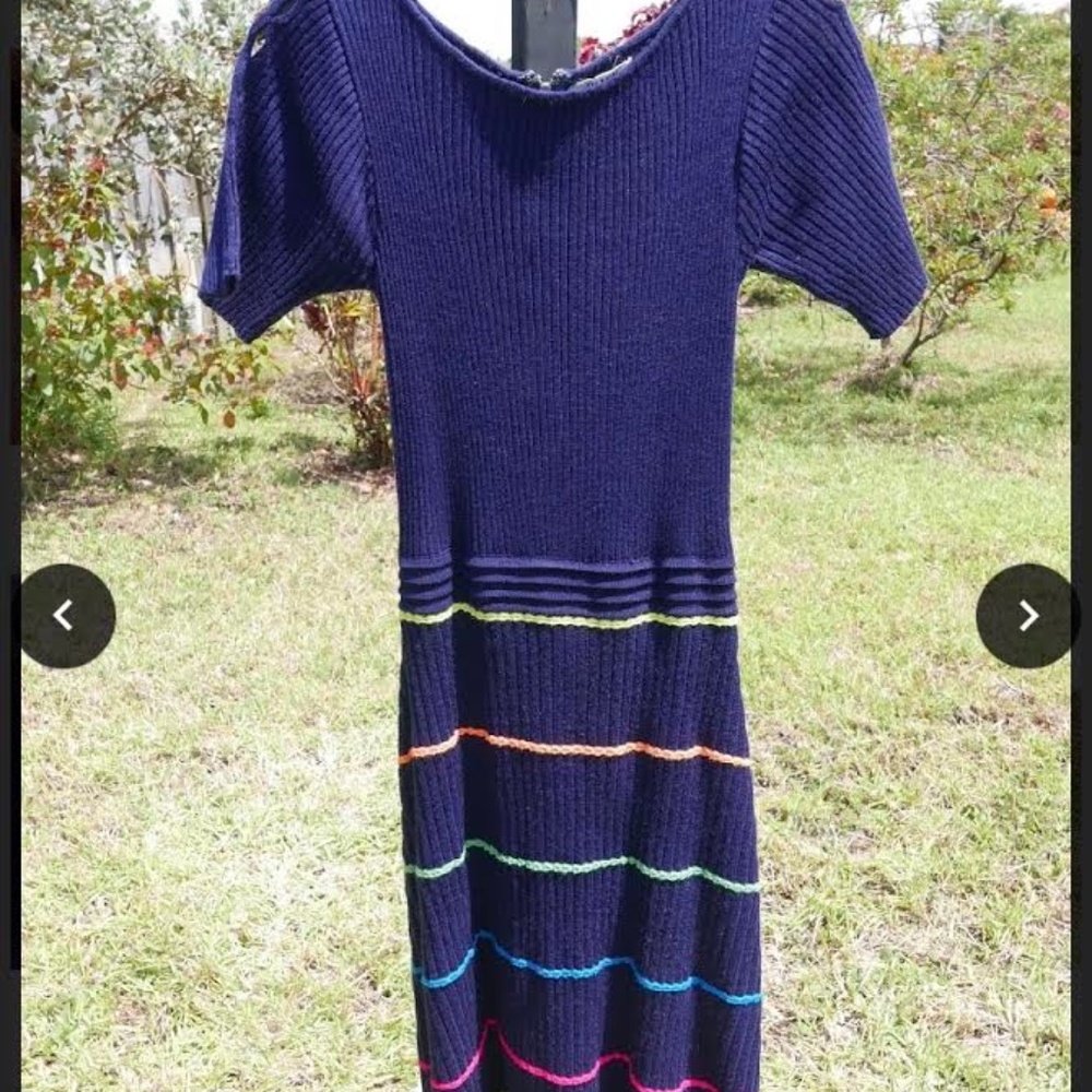 Blue Vintage Retro Dress multi color crochet lines